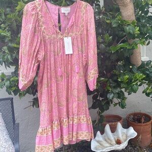 Cleobella pink block print mini dress with tassel neck ties and tied waist